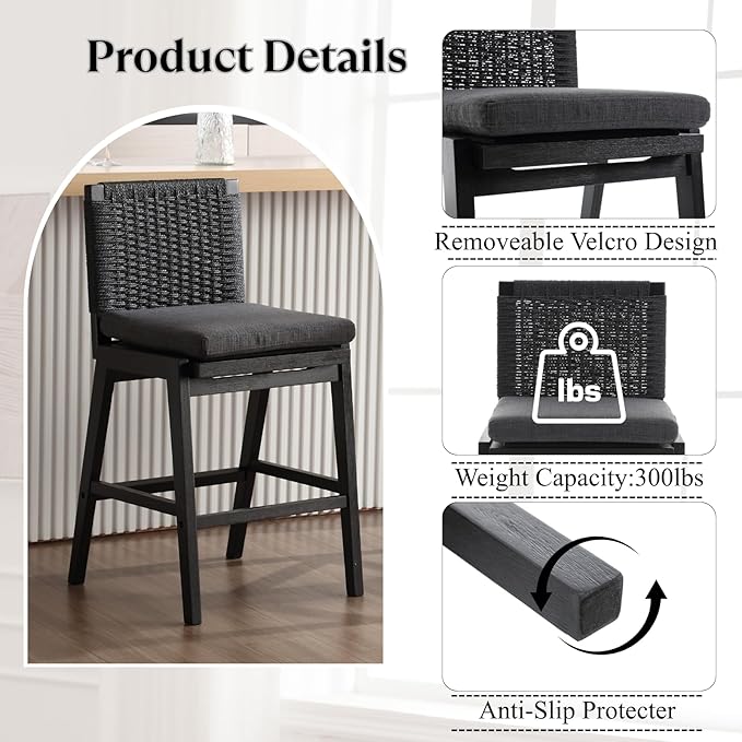 Mid Century Modern Counter Height Barstools Set of 6, 27” Linen Upholstered Counter Stools with Rope Woven Back Wooden Farmhouse Bar Stools for Kitchen Island Dining Room,Charcoal