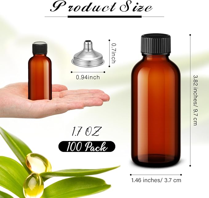 Hsei 100 Pcs 1.7 oz Amber Glass Boston Round Bottles with Black Cap Brown Sample Bottle Small Glass Containers with Lids and Funnel Chalk Labels Pen for Vanilla Extract Essential Oils