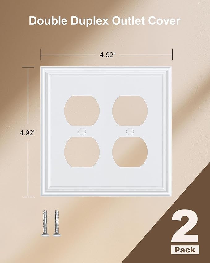2-Pack Double Duplex Outlet Cover, Pure White Decorative Switch Plates and Outlet Covers for Electrical Outlets, Durable Zinc Alloy Wall Plates, 2 Gang Receptacle Cover, Corrosion Resistant
