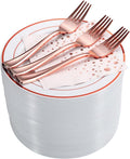 Stylish Rose Gold Dessert Plates, Forks and Cocktail Napkins (100 Set), 7.5 Inch Appetizer Plates or Salad Plates, Wedding Cake Plates, Disposable Plates for Wedding with Rose Gold Napkins