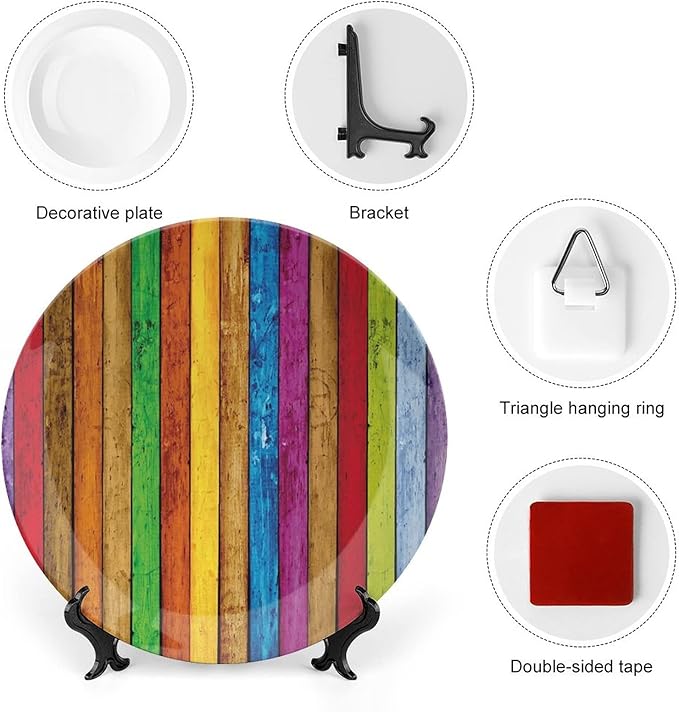 Decorative Plates, Abstract Print Ornament, Vibrant Wooden Artistic Cheerful Art Rainbow Image, 7 Inch, 1 Plate with 1 Display Stand, Multicolor