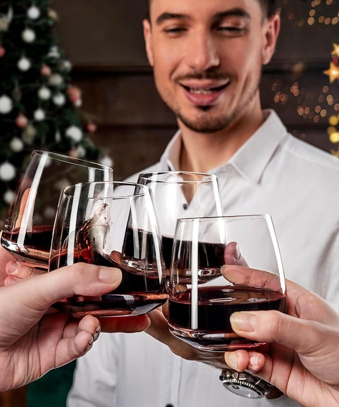 Stemless Wine Glasses Set of 4 13.5oz, Hand Blown Red White Wine Glasses Unique Gifts for Him Her for Birthday, Wedding, Christmas, Anniversary