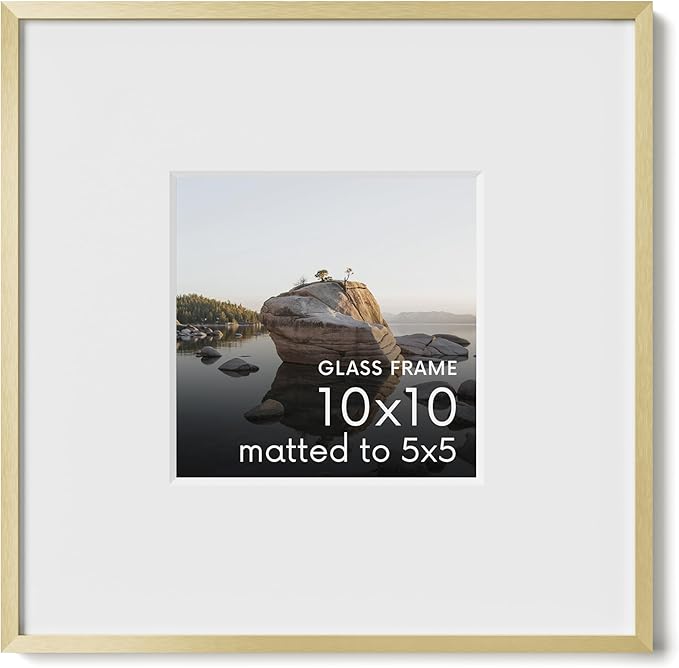 HAUS AND HUES 10x10 Picture Frame with Real Glass & Gold Premium-Grade Metal Matted to 5x5 - Aluminum 10x10 Frame - Includes Hanging Kit - Ideal for Home, Office (10x10 in, Gold)