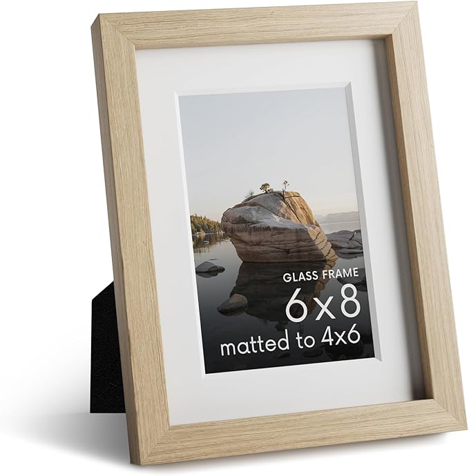 HAUS AND HUES 6x8 Picture Frame with Real Glass and Natural Oak Matted to 4x6 - Oak Glass Photo Frame - Includes American Oak, Easel Back, Vertical Hang - Ideal for Home, Office (6x8 in, Natural)