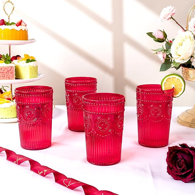 Ciaell 12 Pack Romantic Plastic Water Glasses - 14 Oz Red Vintage Drinking Glasses, Embossed Ribbed Plastic Cups, Textured Striped Set for Juice, Beverages, Beer, Cocktail & Valentine's Day