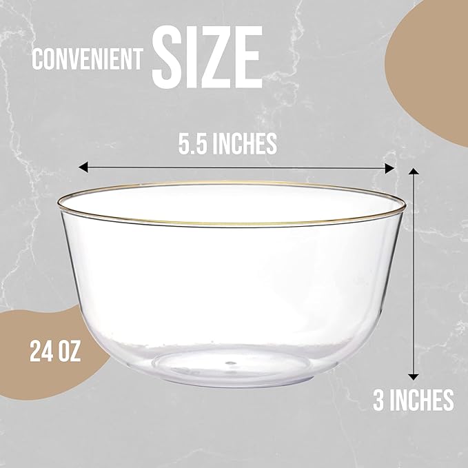 Trendables Plastic Bowls Disposable Bowls: Gold Rimmed, Salad & Serving, Ice Cream & Candy Bowls (24 Oz) - Set of 50