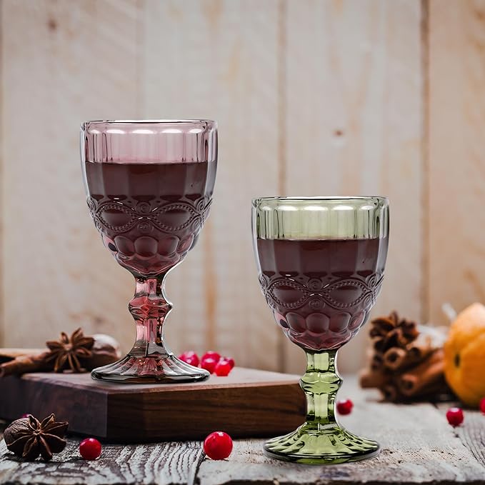 Joeyan Green Vintage Wine Glasses,Clear Water Goblet Glasses with Embossed Serpentine Pattern,Stemmed Colored Glassware Set for Wedding Party Banquet Feast,10 oz,Set of 4,Dishwasher Safe