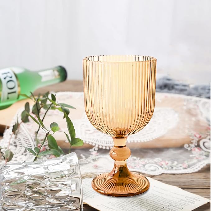 12 Pcs Vintage Wine Glasses, 11 Ounces Colored Glass Water Goblets, Colorful Unique Embossed Pattern High Clear Stemmed Glassware Wedding Party Bar Glass Drinking Cups Vertical Line Amber Set of 12