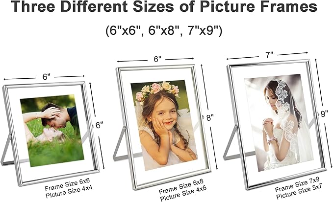 Silver Floating Picture Frames - Set of 3, for Photo Size 4×4, 4×6, 5×7, Vertical Tabletop Display, Double Glass Metal Frame for Wedding, Home or Office Desk Decoration (Silver)