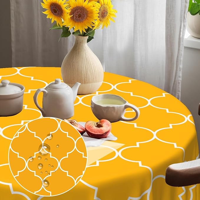 Laeacco 48 Inch Morocco Round Tablecloth Orange Geometric Lattice Modern Abstract Art Print Table Cloth Washable Waterproof Wrinkle Free Table Cover for Kitchen Dining Picnic Party Decoration