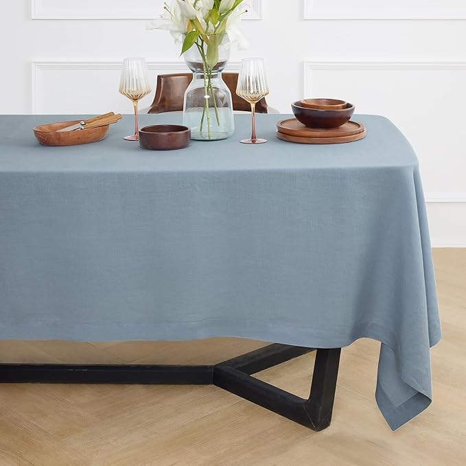 Solino Home Linen Dusty Blue Tablecloth 70 x 132 Inch - 100% Pure Linen Rectangular Tablecloth - Machine Washable Table Cloth for Winter, Spring, Easter - Sonoma
