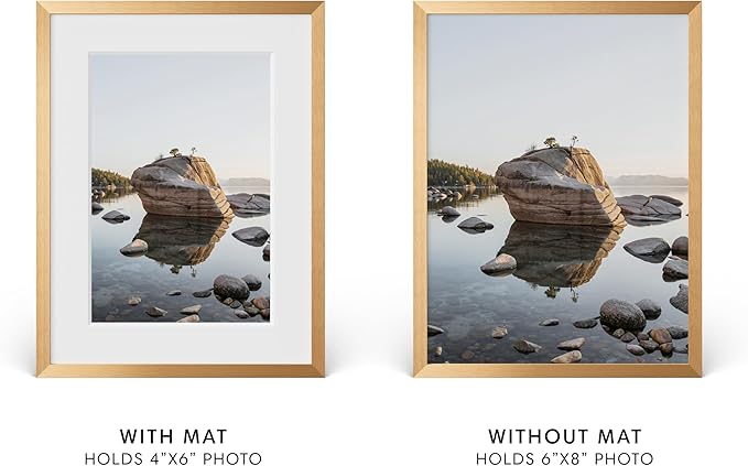 HAUS AND HUES 6x8 Picture Frame with Real Glass & Brass Premium-Grade Metal Matted to 4x6 - Aluminum 6x8 Picture Frame - Includes Easel Back, Hanging Kit - Ideal for Home, Office (6x8 in, Brass)