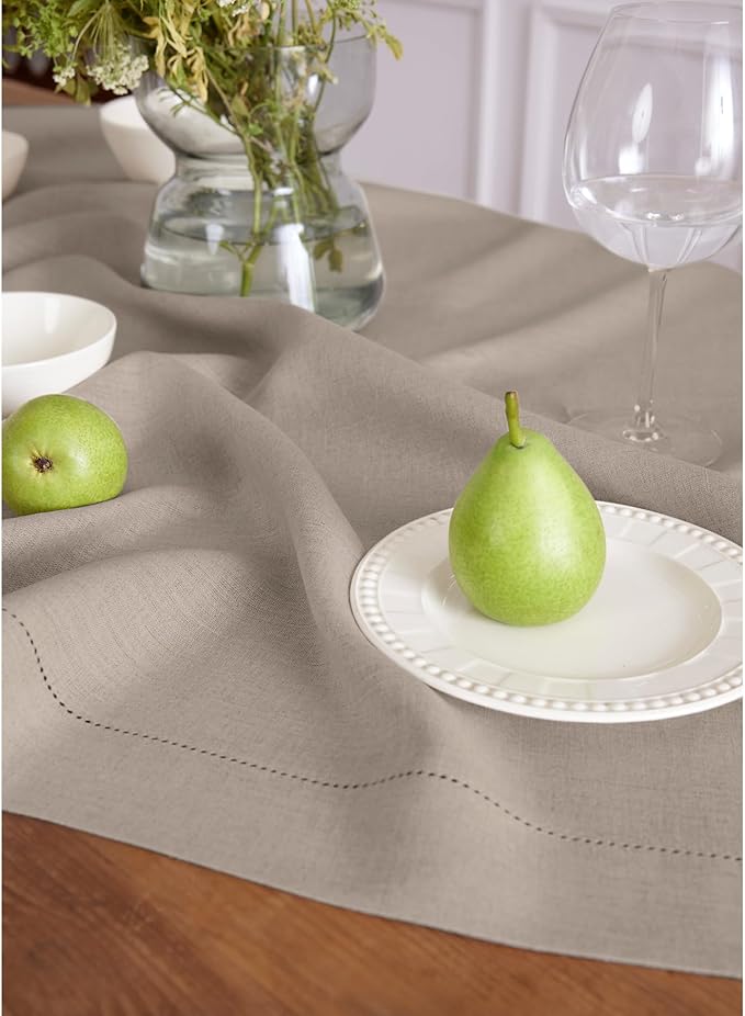 Solino Home Linen Tablecloth for Rectangle Tables 60 x 90 Inch - Classic Hemstitch 100% Pure Linen Natural Table Cloth - Machine Washable Cloth Tablecloth for Spring, Easter