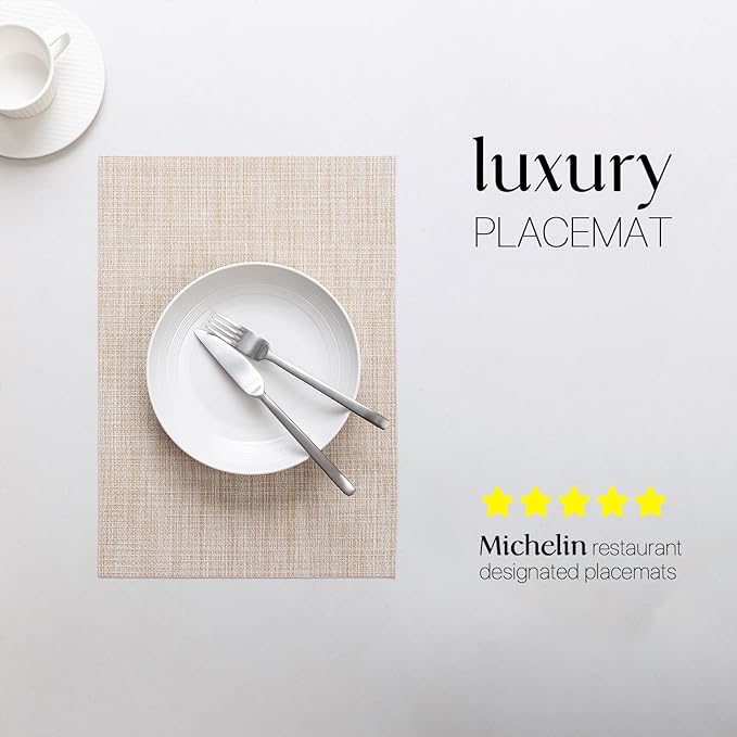 LEXMORE Placemats Set of 4 Vinyl/Plastic Woven Place Mats for Kitchen Table Indoor/Outdoor Washable Placemat Wipeable Dining Table Mats(A-Beige)