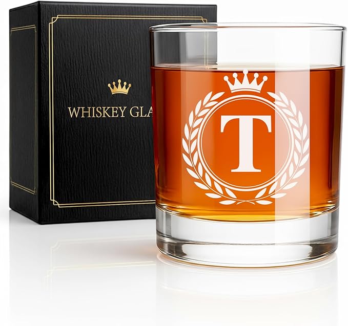Whiskey Glasses - Rocks Old Fashioned Glass Gifts for Men, Monogrammed A-Z 10oz Personalized Whisky Glasses, Christmas Birthday Gifts for Men Him Dad Father Husband Brother Son (T)