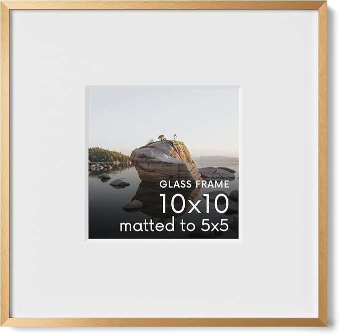 HAUS AND HUES 10x10 Picture Frame with Real Glass & Brass Premium-Grade Metal Matted to 5x5 - Aluminum 10x10 Frame - Includes Hanging Kit - Ideal for Home, Office (10x10 in, Brass)