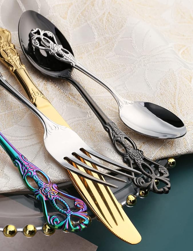 Gold Silverware Set for 6 Stainless Steel Flatware Set Palace Style Hollow Relief Decoration 24 Piece Cutlery Utensils Include Knives Forks and Spoons Tableware Set for Home Kitchen Restaurant Party