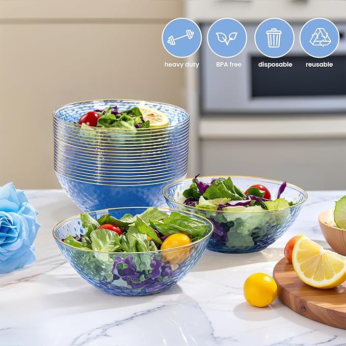 Rubtlamp 50 Pack Clear Blue Disposable Bowls, Clear Plastic Bowls with Gold Rim, 12-16oz Premium Heavy Duty Plastic Dinner Bowls for Party, Wedding and Holiday