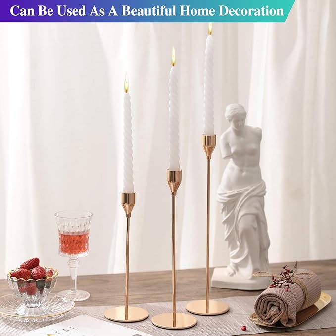 Set of 6 Pink Gold Candlestick Holders Pink Gold Candle Holder Taper Candle Holders Candle Holders Decorative Candlestick Holder for Home Decor, Wedding, Dinning, Party, Anniversary (Gold)