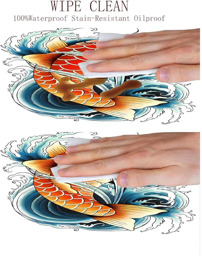 Polyester Tablecloth, Koi Fish Waterproof Oil-Proof PVC Table Cloth, Tattoo Style Japanese Wave, Fit Round Tables 56inch Diameter, for Xmas/Parties/Home, Multicolor