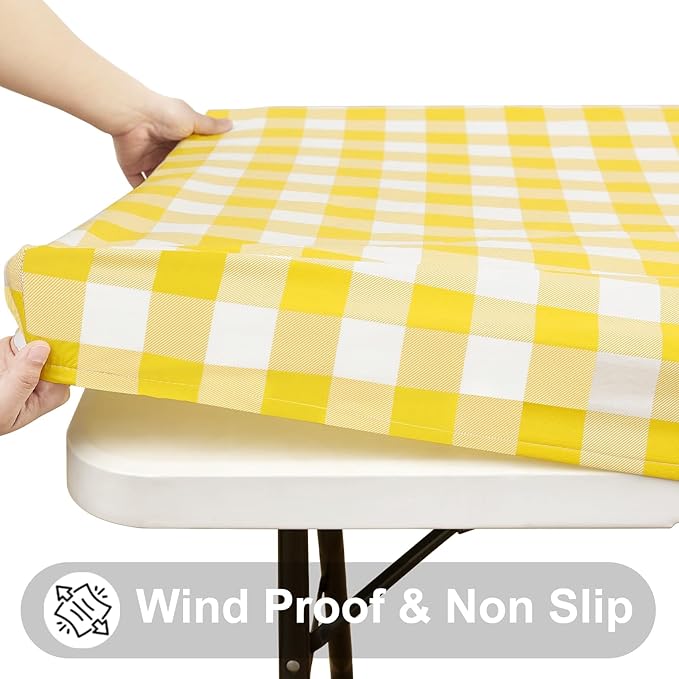 Smiry Rectangle Picnic Table Cloth, Elastic Waterproof Fitted Vinyl Tablecloths, Flannel Backed Buffalo Plaid Table Covers for Dining, Camping, Outdoor (White and Yellow, 24" x 48")