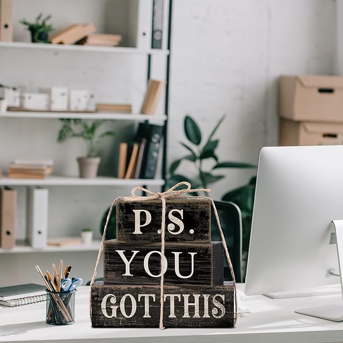 4 Pcs Farmhouse Motivational Wooden Tabletop Decor P. S. You Got This Inspirational Tiered Tray Decorations Rustic Gift Block Sign Centerpiece for Home Kitchen Shelf Office Desk Black Decor