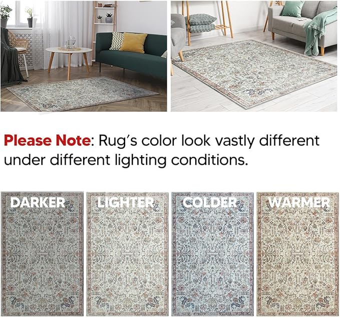 Keen Home Design 5x7 Rug - Machine Washable Area Rug with Non-Slip Backing, Ideal for Living Room, Dining Room, Bedroom - Vintage, Easy Clean, Durable, Low Pile Rug - (5' x 7')