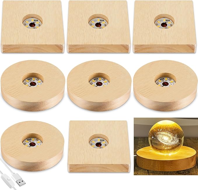 Honoson 8 Pcs Wooden LED Display Base Lighted Base for Crystal Art Wood Display for Glass Art 3D Crystal Warm Light(Round and Square Surface Style)
