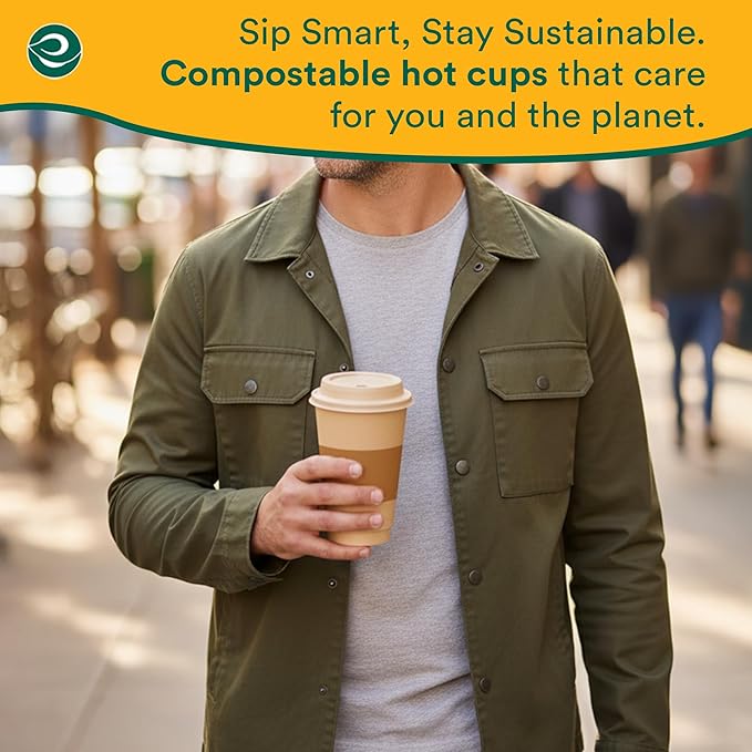 ECO SOUL 100 Pack 12 oz Disposable Coffee Cups with Lids & Sleeves Eco-Friendly, Biodegradable, Compostable, Leak-free & Sturdy To Go Hot Drink Cup for Tea, Chocolate Party Travel Cafe Office & Home