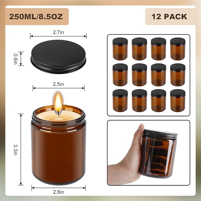 Goiio 18 Pack Amber Glass Jars, 8 Oz Thick Amber Round Glass Jars, with Black Metal Lids, for Spice, Liquid, Sample, Leakproof and Dishwasher Safe
