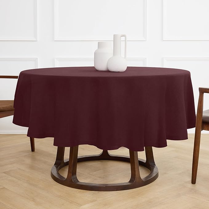 Solino Home Linen Round Tablecloth 70 Inch - 100% Pure Linen Burgundy Round Tablecloth - Machine Washable Table Cloth for Valentines - Sonoma