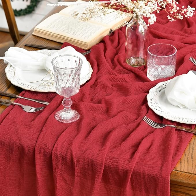 Artoid Mode Boho Gauze Red 3 Pieces Wedding Table Runner, 120 Inch Cheesecloth Christmas Fabric Kitchen Dining Holiday Table Decor for Home Party Indoor