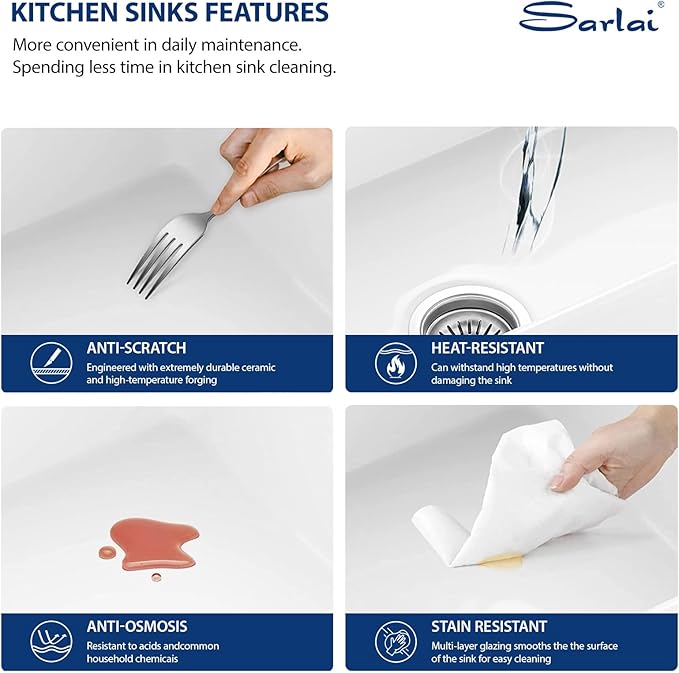 Sarlai 30 White Farmhouse Kitchen Sink - 30 x 20 Inch Kitchen Sink Apron Front Farm Style Sink White Ceramic Porcelain Fireclay Single Bowl Farm Sink Basin