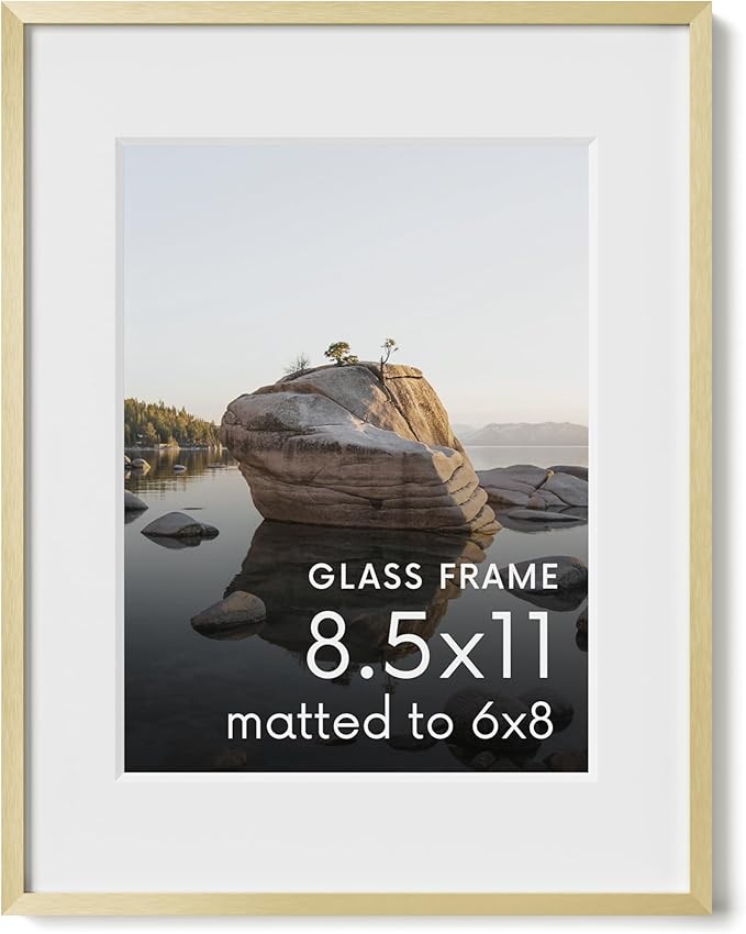 HAUS AND HUES 8.5x11 Picture Frame with Real Glass & Gold Premium-Grade Metal Matted to 6x8 - Aluminum 8.5 by 11 picture frame - Includes Hanging Kit - Ideal for Home, Office (8.5x11 in, Gold)