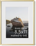 HAUS AND HUES 8.5x11 Picture Frame with Real Glass & Gold Premium-Grade Metal Matted to 6x8 - Aluminum 8.5 by 11 picture frame - Includes Hanging Kit - Ideal for Home, Office (8.5x11 in, Gold)