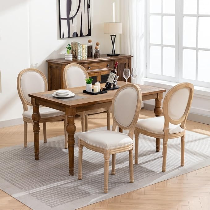 Vintage French Dining Chairs Set of 8, Round Back Accent Chairs with Linen Seat and Solid Wood Frame, Farmhouse Sillas de Comedor Upholstered for Dining Room & Kitchen, Beige