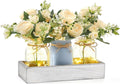 Mkono Mason Jar Lights Centerpiece Table Decor for Dining Room Farmhouse Wood Tray with 3 Jars Flowers Center Pieces Spring Decor for Coffee Table Kitchen Living Room, Grey Blue