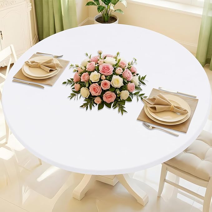 Round Spandex Tablecloth, Elastic Fitted Waterproof Tablecloths for 57"-68" Tables, Stretch Washable Picnic Table Cover for Camping, Dining, Indoor and Outdoor, White