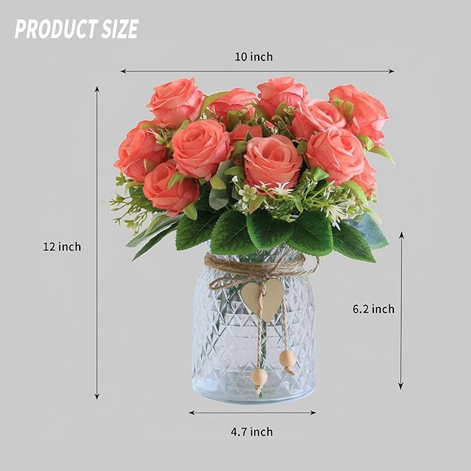 Fake Flowers in Vase,Fake Flowers with Vase 18 Pcs Faux Rose Flowers,Artificial Flowers for Home Decor, Indoor Centerpiece for Living Room & Dining Table (Pink)