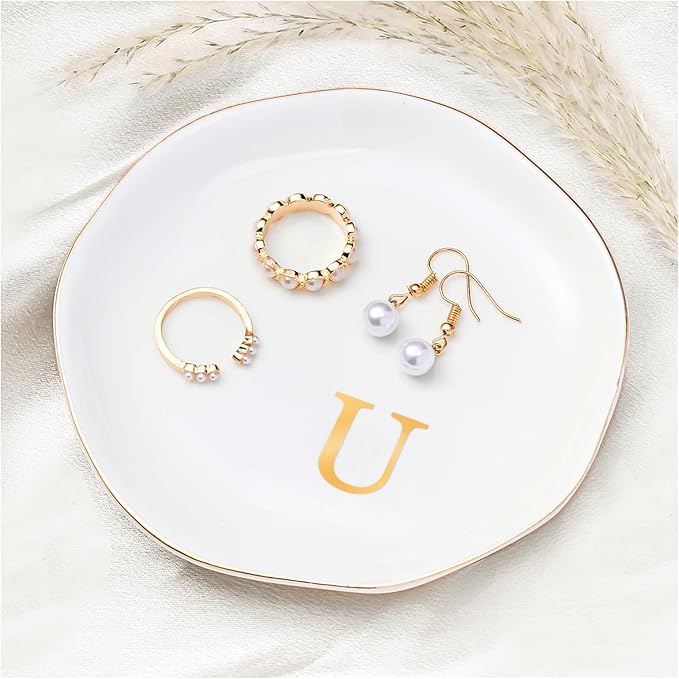 ProCase Ceramic Jewelry Tray, Initial Ring Dish Trinket Plate Engagement Gift, Small Personalized Monogram Ring Bowl for Wedding, White Decorative Jewelry Holder for Women Vanity -Letter U