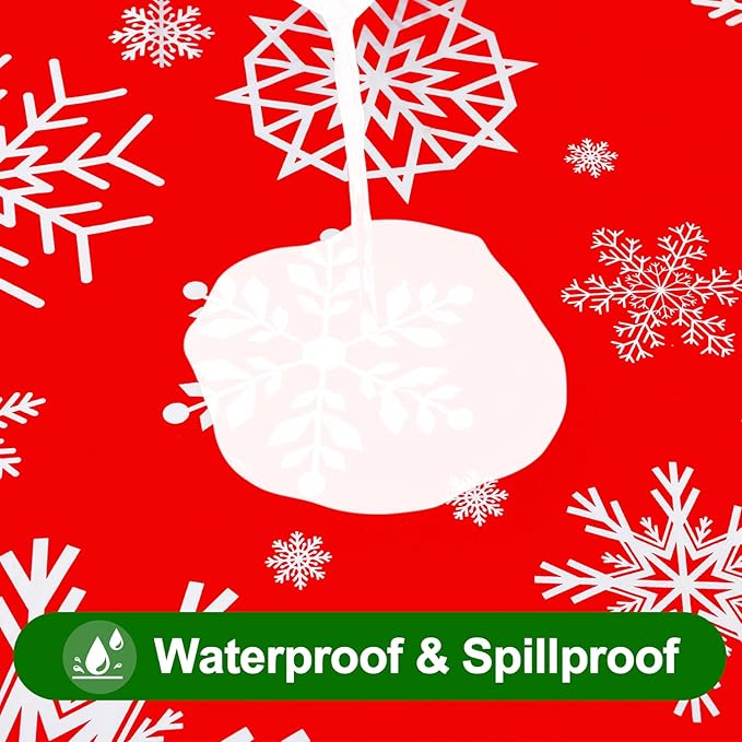 Smiry Plastic Christmas Tablecloth, Snowflake Waterproof Elastic Fitted Table Covers, Wipeable Flannel Backed Vinyl Tablecloths for Christmas Dinner, and New Year Celebration (Red, 30x96 Inches)