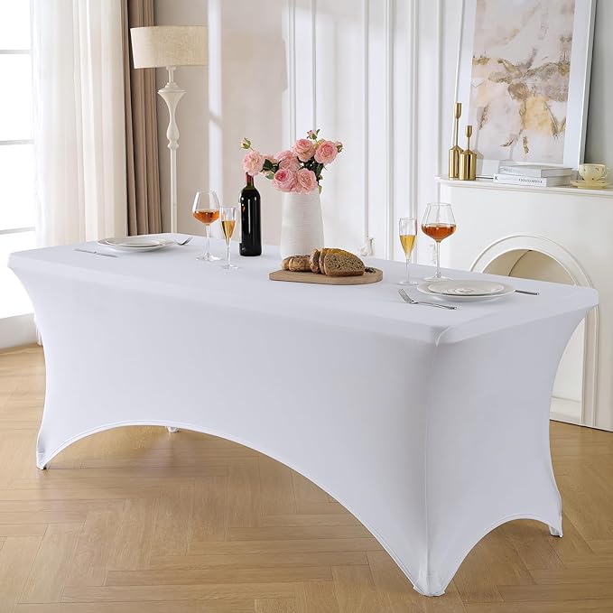 VidaFete Spandex Tablecloth 6 Pack 8FT, Fitted Stretch Table Cover for Rectangle Tables, Wrinkle Resistant and Washable Tablecloths for Outdoor, Picnic, Party, Wedding, Banquet, Birthday, White