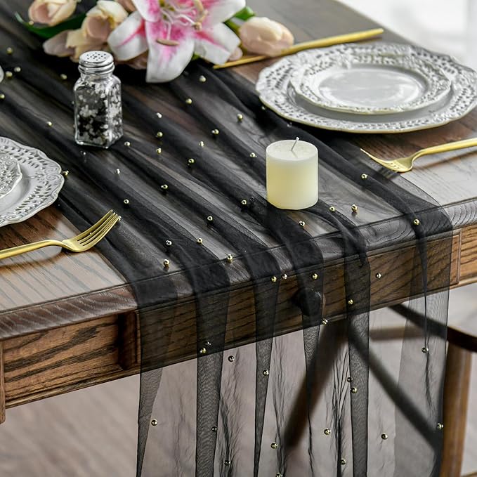Artoid Mode 10PCS Pearl Black Gauze Table Runner 120 Inch 10FT, Seasonal Sheer Dining Holiday Wedding Birthday Baby Shower Table Decor for Home Party
