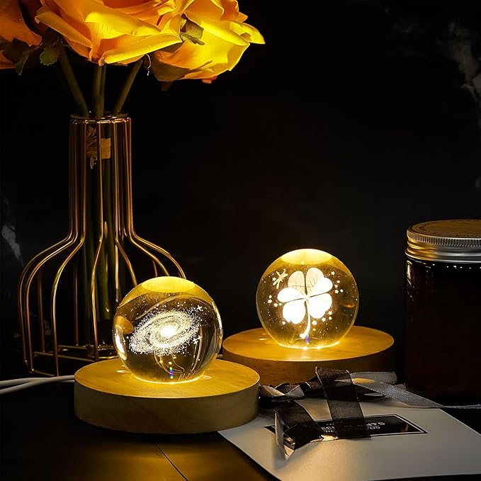 Honoson 8 Pcs Wooden LED Display Base Lighted Base for Crystal Art Wood Display for Glass Art 3D Crystal Warm Light(Round Surface Style)