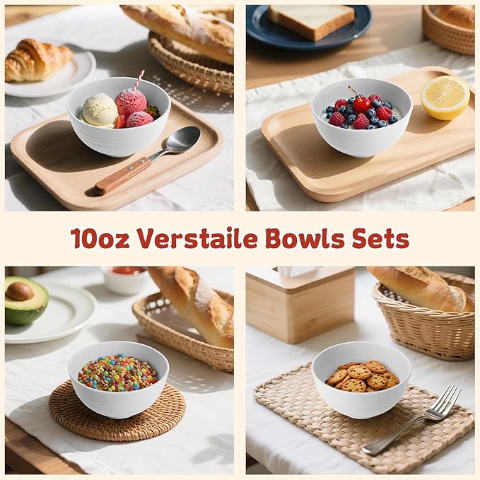 Wrova Handy Wheat Straw Bowls Set of 6,Unbreakable Ice-Cream Bowls Sets for Kids,10oz Small Dessert Bowls for Kitchen,Camping and RV.White Series