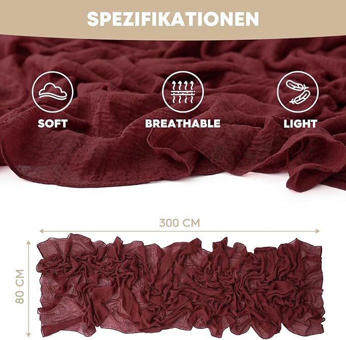 Artoid Mode Boho Cheesecloth Gauze Burgundy Wedding Table Runner, 120 Inch Seasonal Fabric Kitchen Dining Holiday Table Decor for Home Party Indoor