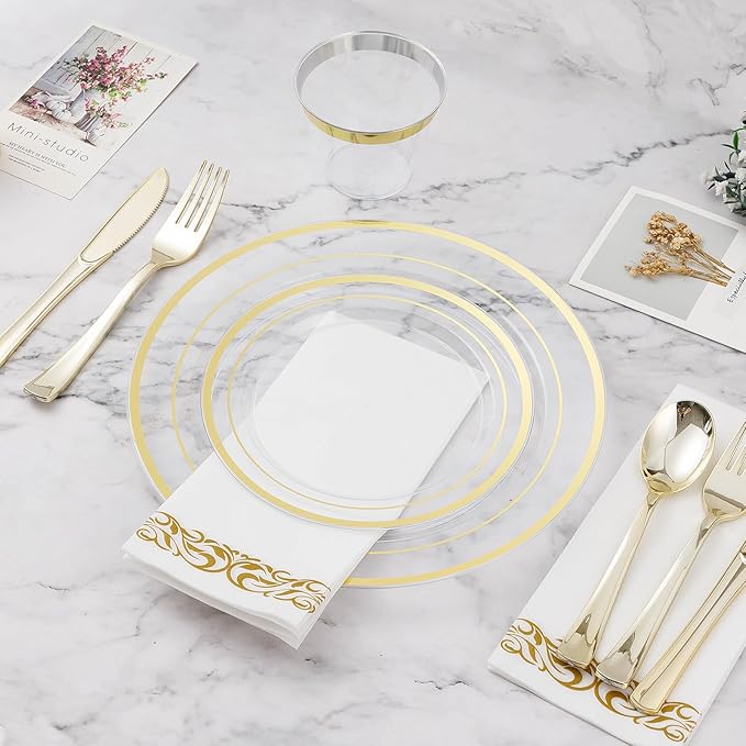 BESTVIP 50PCS 7" Clear Gold Plastic Plates, Disposable Salad Dessert Plate with Gold Rim for Christmas, Thanksgiving, Heavy Duty Disposable Plastic Plates for Party, Wedding and Birthday, Events