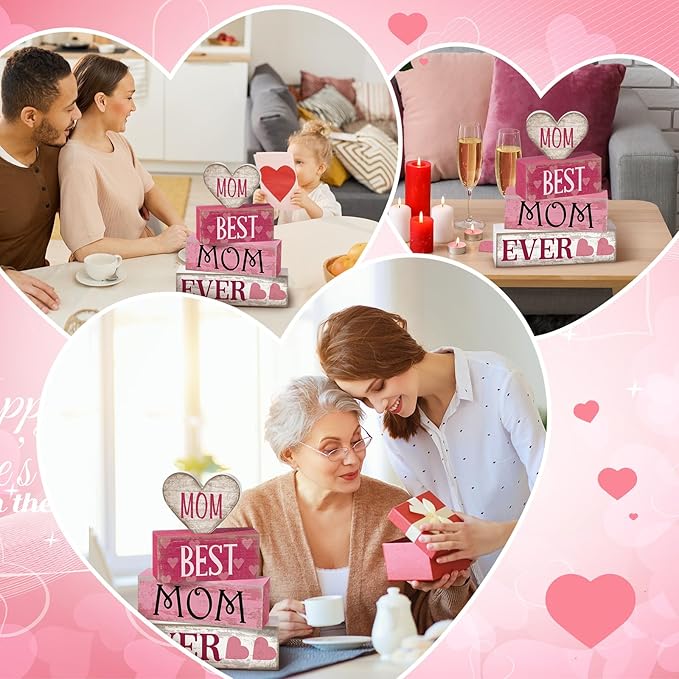 4 Pcs Mothers Day Table Decorations Mothers Day Tiered Tray Decor Mom Wooden Sign Mothers Day Centerpiece Decorative Faux Book Stack Block for Coffee Table Fireplace Mantel Floating Shelf