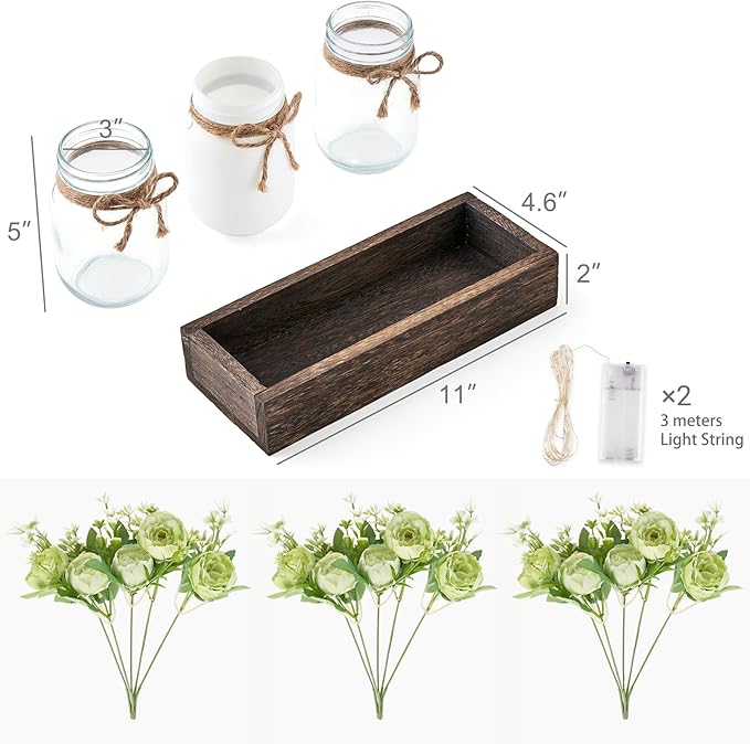 Mkono Mason Jar Lights Centerpiece Table Decorations for Dining Room Farmhouse Coffee Table Decor, Wood Tray with 3 Jars Flowers for St. Patrick's Day, Easter, Spring Home Decor