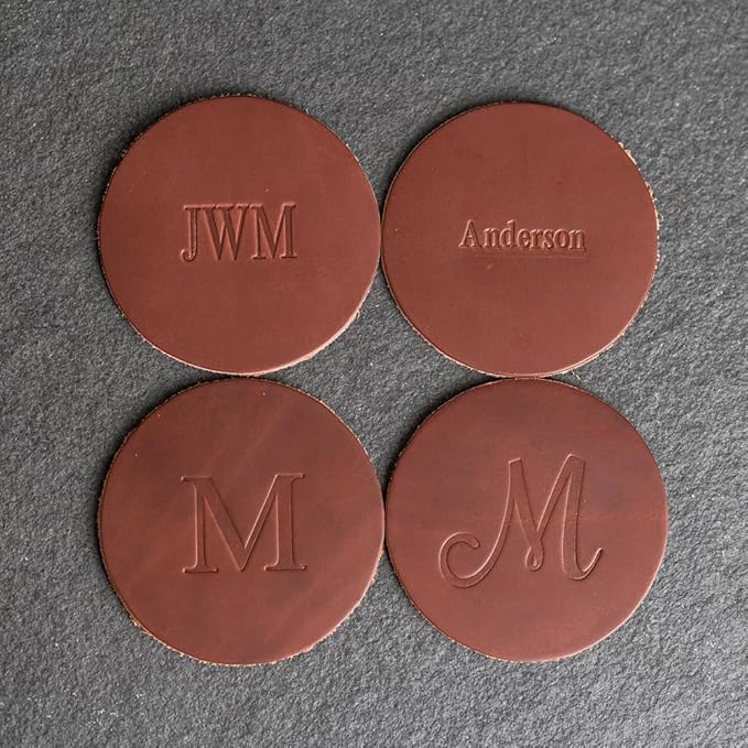 Ox & Pine Personalized Leather Coaster - Sold Individually or in Sets of 4 - Customize Inscription - 100% Full-Grain Leather – 4" Round or 4" Square (Round, Harvest, Set of 4 Coasters)